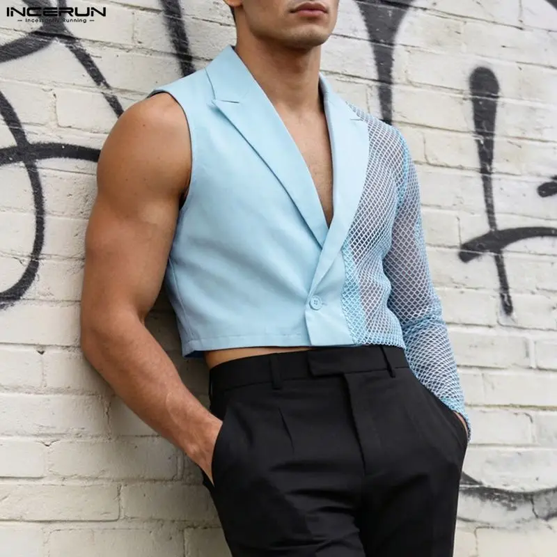

INCERUN Men's Irregular Blazer Mesh Patchwork See Through Male Suit Streetwear One Button Asymmetrical Sleeve Casual Crop Blazer
