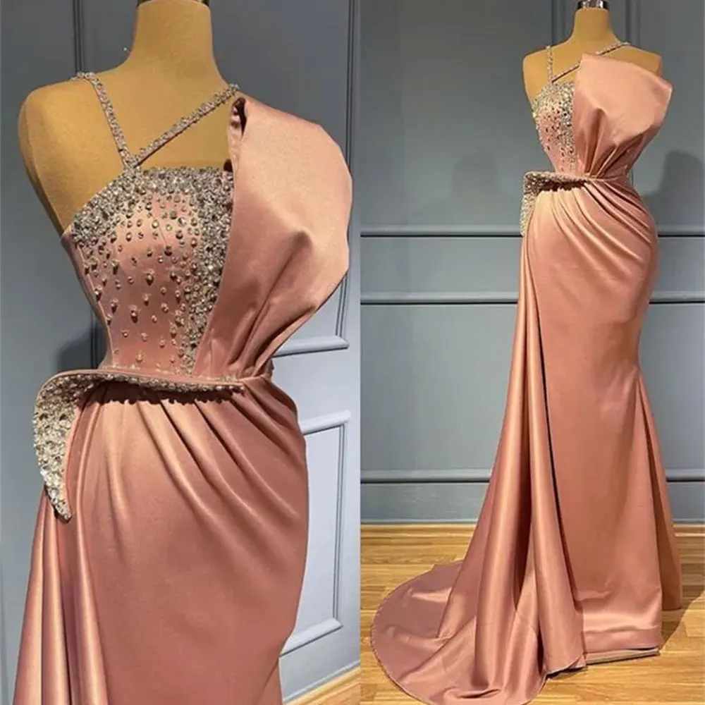 

Stylish Satin Mermaid Prom Dresses Beaded Crystals One Shoulder Evening Gown Arabic Formal Second Reception Party Robe de mariée