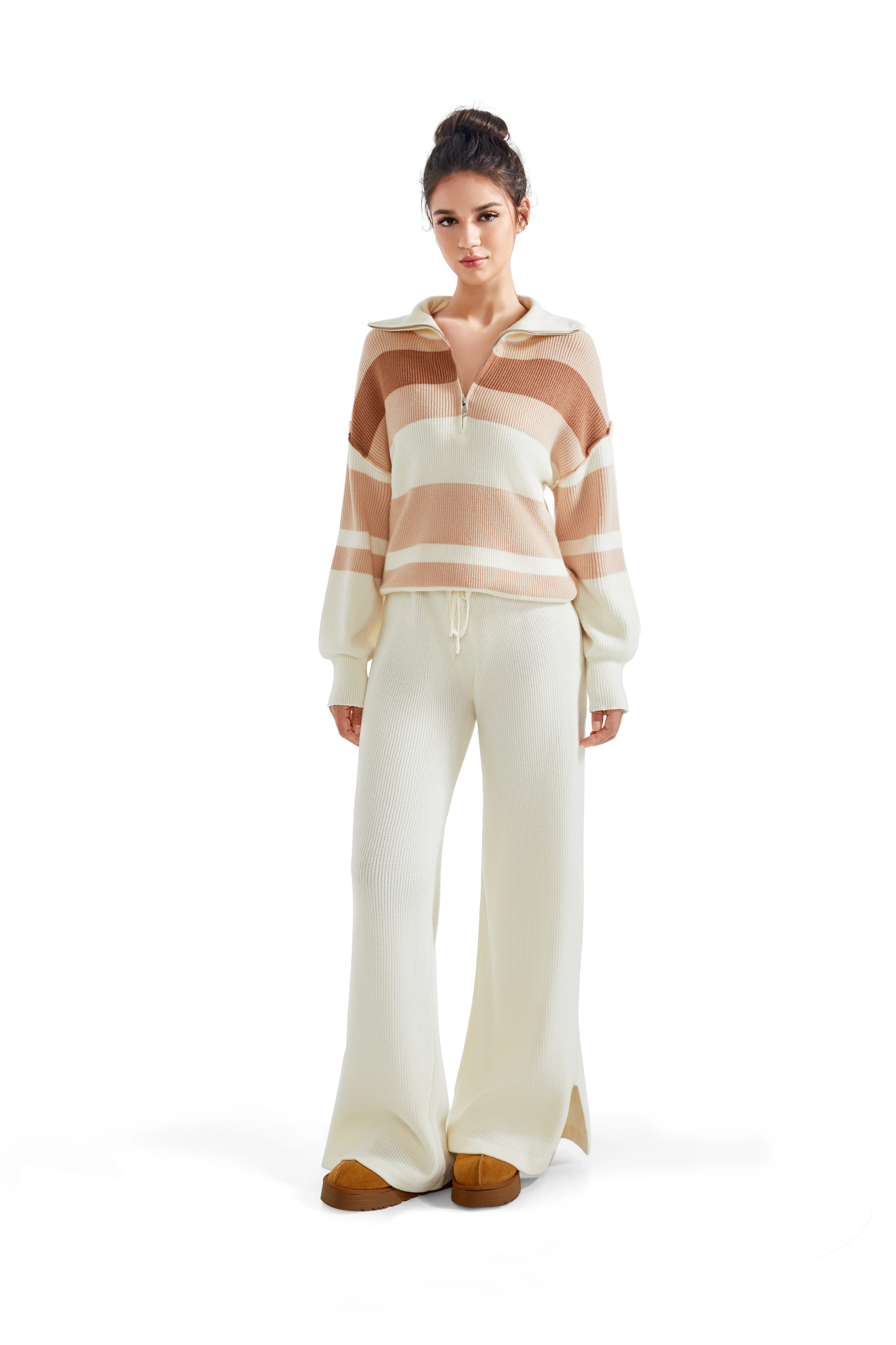 النساء 2 قطعة صالة مجموعات رياضية المتضخم الربع البريدي البلوز بولو الرقبة بنطال ذو قصة أرجل واسعة الخريف الشتاء محبوك سترة مجموعات #6