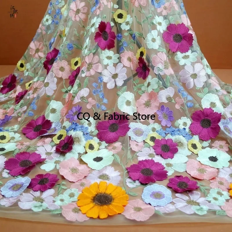 High-End Embroidered Fabric 3D Appliqué Embroidery Lace Fabric Women's Dress Fashion Wedding Dress Material Designer Fabric