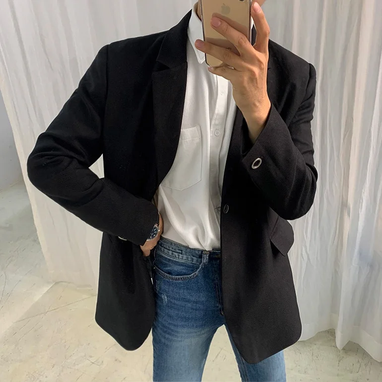 

Мужской повседневный пиджак MRCYC весна-осень, свободный крой, в корейском стиле, классический, с отложным воротником, длинный рукав, однобортный, полиэстер...