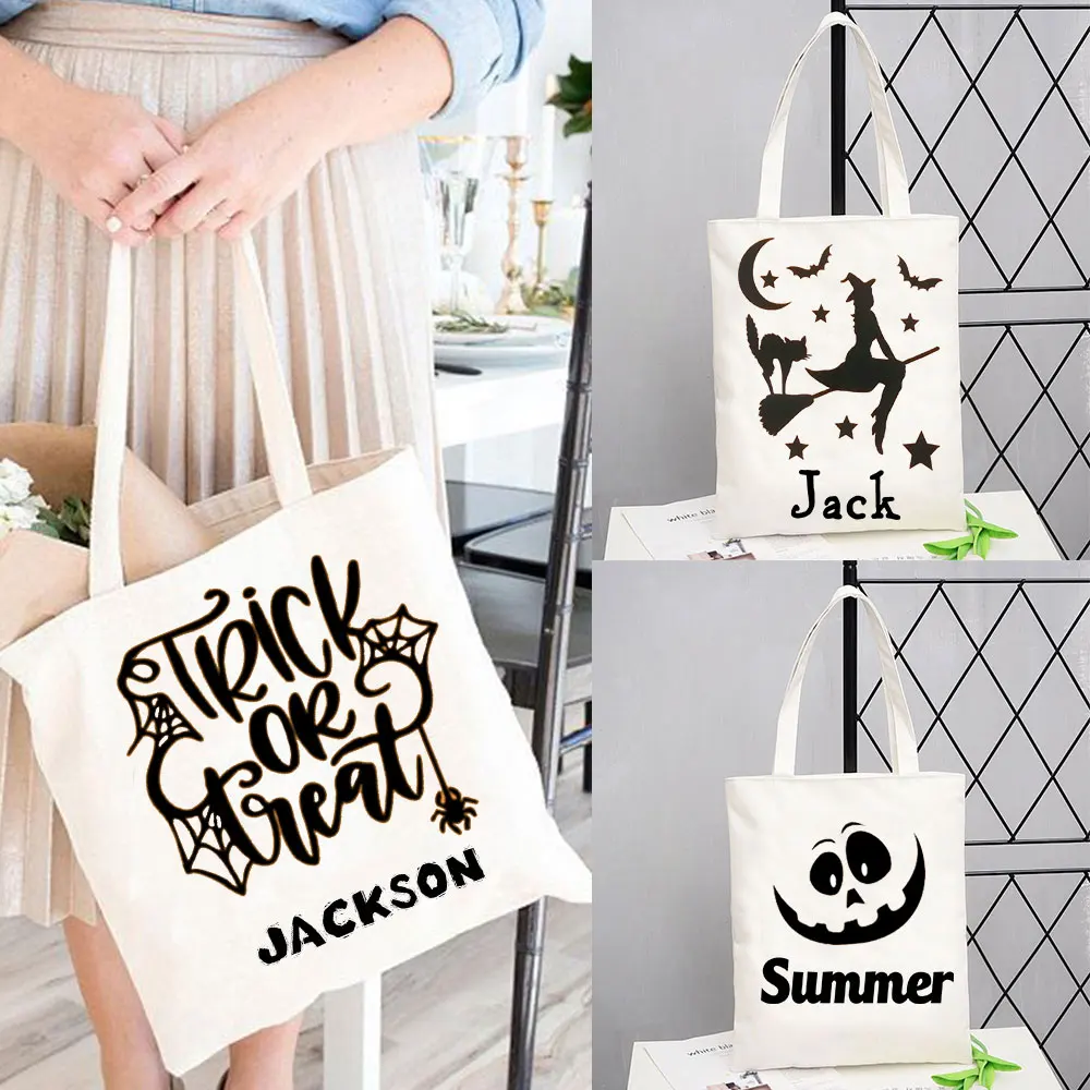 Personalised Trick or Treat Bag Halloween Black Tote Bag Sweet Gift Bag Bag with Handles Small Halloween Party Goodie Bag