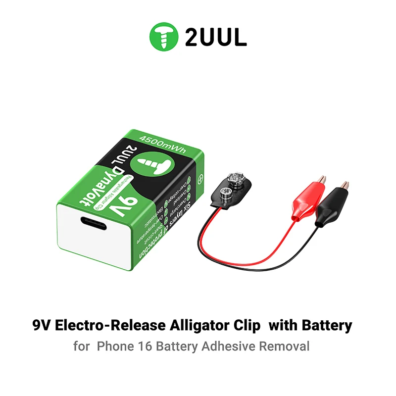 2UUL BT04 9V Electro-Release Alligator Clip with Battery for Phone 16 Battery Adhesive Removal Rechargeable Tool