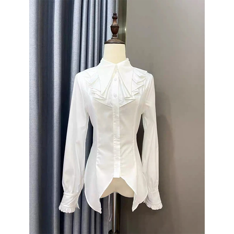 Gothic Ruffles Black Shirts Women Kawaii Lolita Cutecore Bandage White Blouses Japanese Vintage Harajuku Long Sleeve Slim Tops view 2