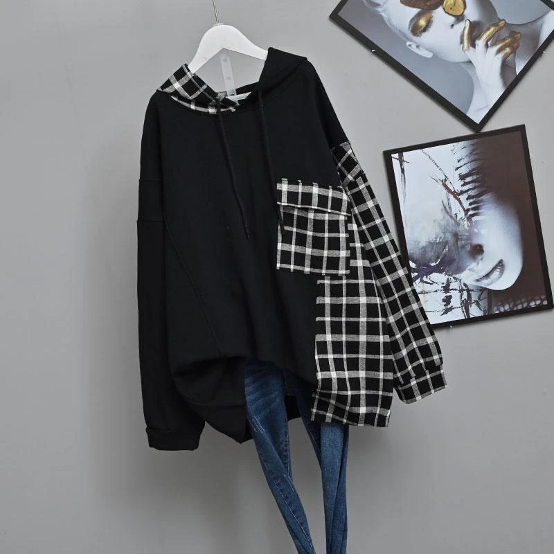 

Women Plaid Patchwork Fashion Oversized Streetwear Cotton Hoodies Autumn Casual Long Sleeve Pullovers Female Hooded Sweatshirt