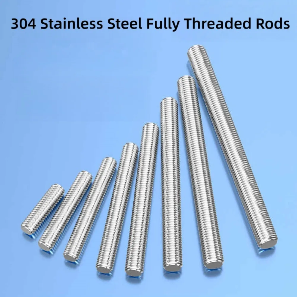 304 Stainless Steel Fully Threaded Rods, M2-M12 Metric Full Threaded Bars, 16-500mm Length Stud Bolts for Machinery, Furniture