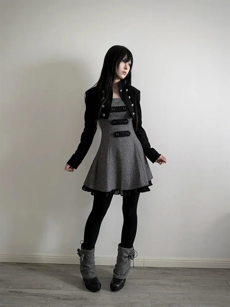 Gothic Punk Y2K Stand Collar Dark Aesthetic Double Breasted Twill Women Cropped Jacket Trendy Slim Fit Short Cardigan Tops Coat - view 4