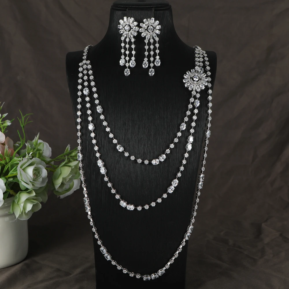 

Luxury Geometric Flower Tassel Circle Cubic Zircon Engagement Dubai Naija Bridal Three Layers Necklace Earring Jewelry Set S516