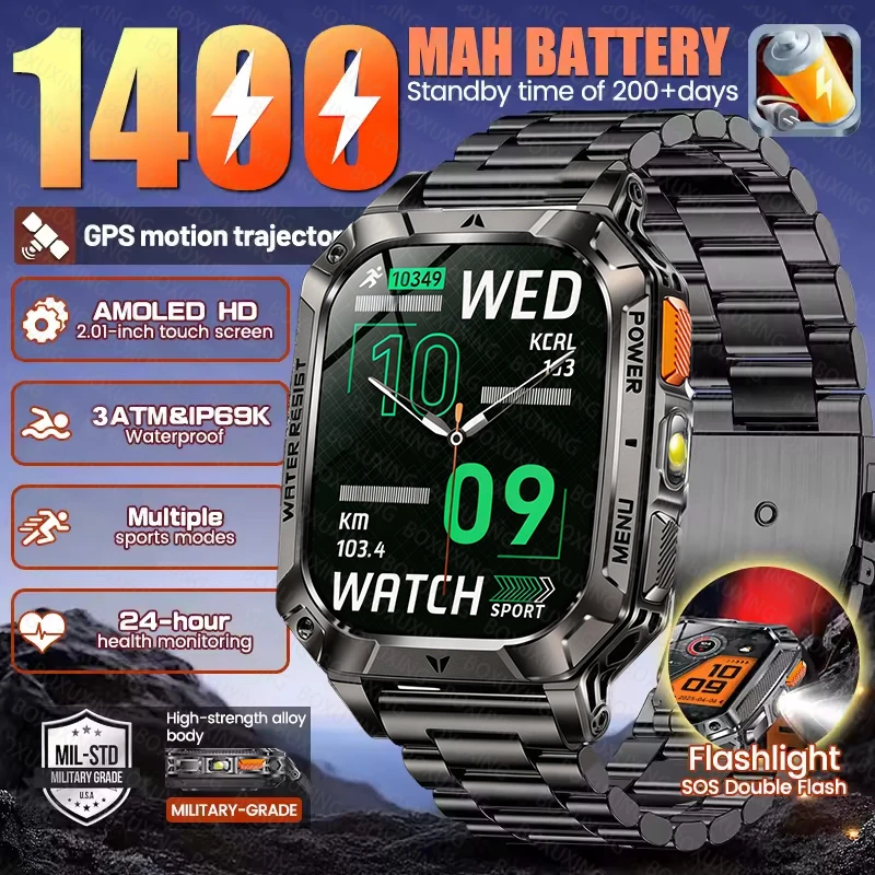 

Новые смарт-часы 2026 года с аккумулятором 1400 мАч, GPS, фонариком, водонепроницаемостью 3ATM, Bluetooth-звонками, AMOLED HD-дисплеем для мужчин, для активного отдыха и спорта