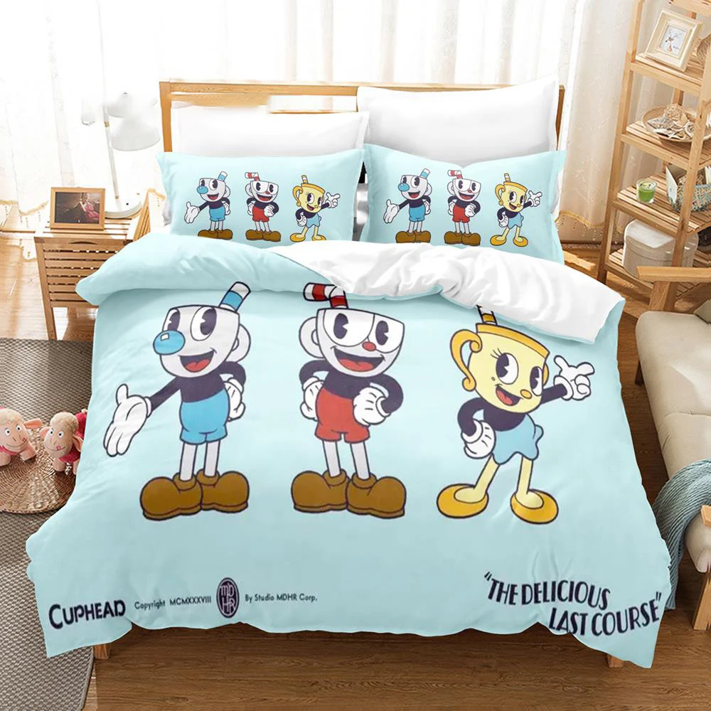 Imagem -05 - Desenhos Animados Cuphead Show Conjunto de Cama para Meninos e Meninas Capa de Edredão Fronha Gêmeo Queen Size Têxtil Doméstico Cama Crianças Moda Adulta