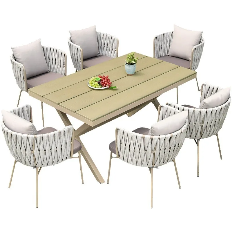 

Outdoor Nordic courtyard plastic wood table, outdoor home terrace simple rattan chair