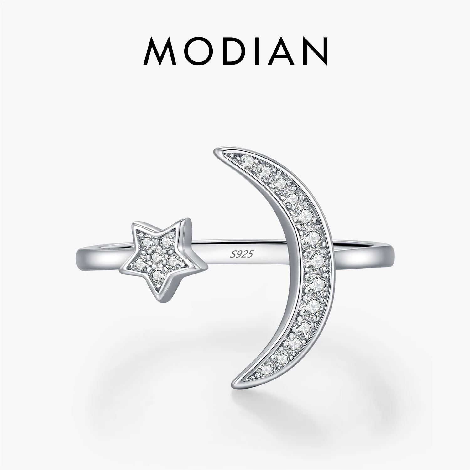 

MODIAN 925 Sterling Silver Fashion Open Size Rings Shining Moon Stars Clear CZ Finger Rings For Women Fine Jewelry