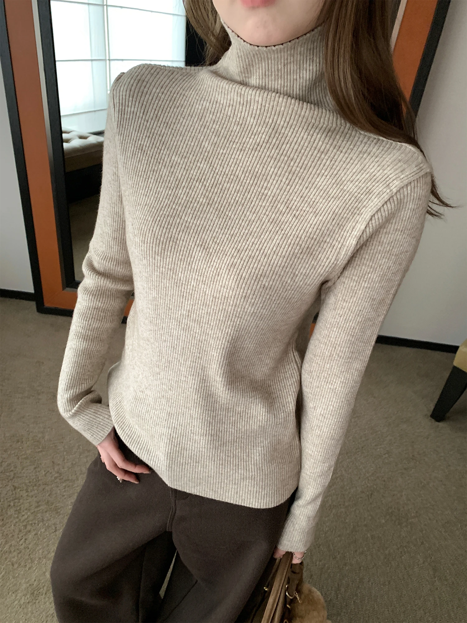 

Теплая вязаная кофта с высоким воротником для женщин, осенне-зимняя, с термоэффектом, в полоску, повседневная, с длинным рукавом, для молодых девушек