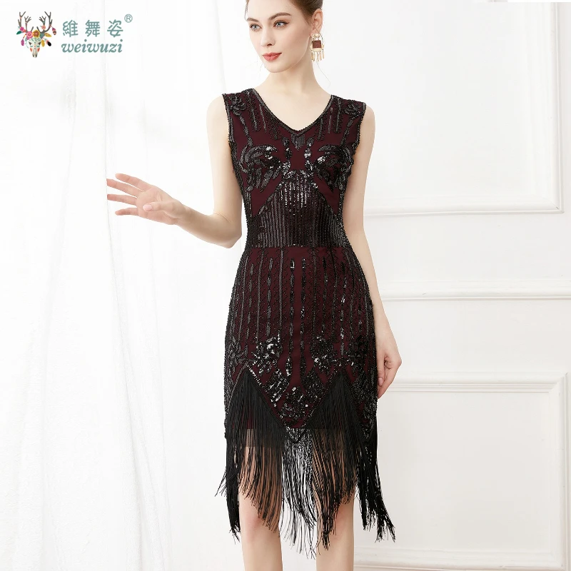 하이웨이스트 빈티지 V넥 시퀸 수제 비즈 자수 태슬 밑단 조끼 찰스턴 댄스 & 칵테일 파티 드레스 플러스 사이즈