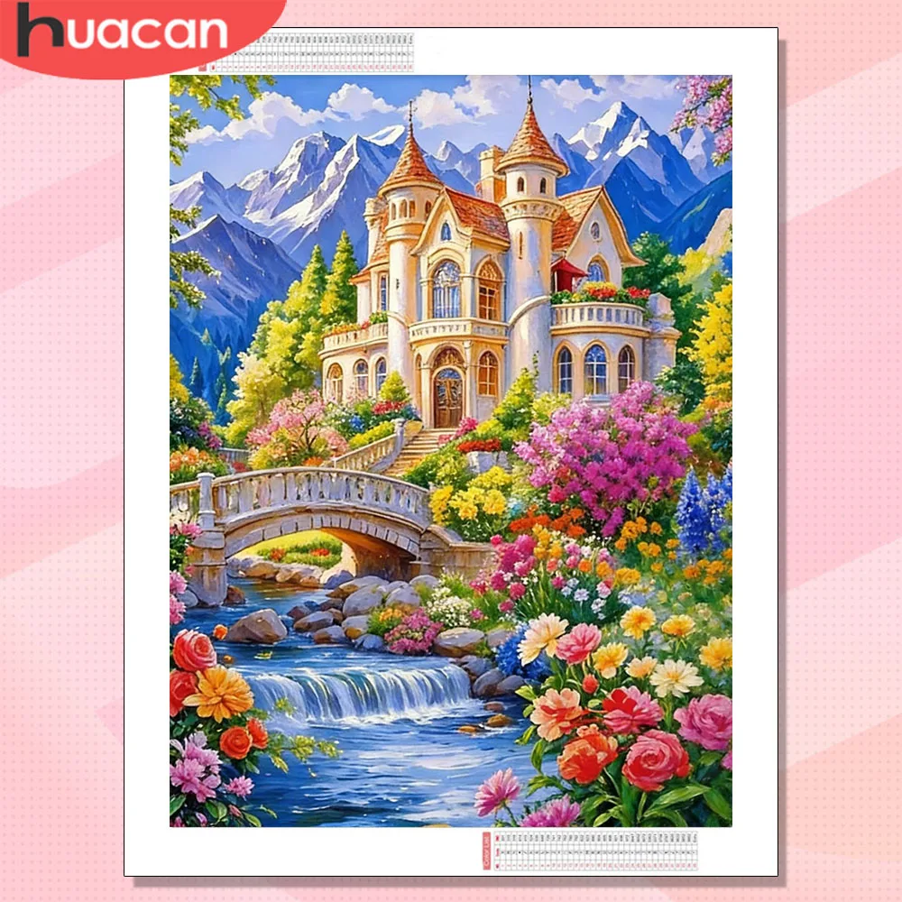 HUACAN Diamantkunst Haus-Landschaft Diamant-Mosaik Rosenblumen-Gemälde Neue Kollektion Quadratische Runde Perlen Handgefertigt
