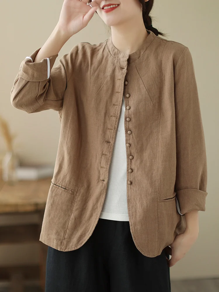 

Свободный длинный хлопково-льняной костюм Sve, джатовый воротник-стойка, китайская женская верхняя одежда, удобная дышащая деталь на пуговицах