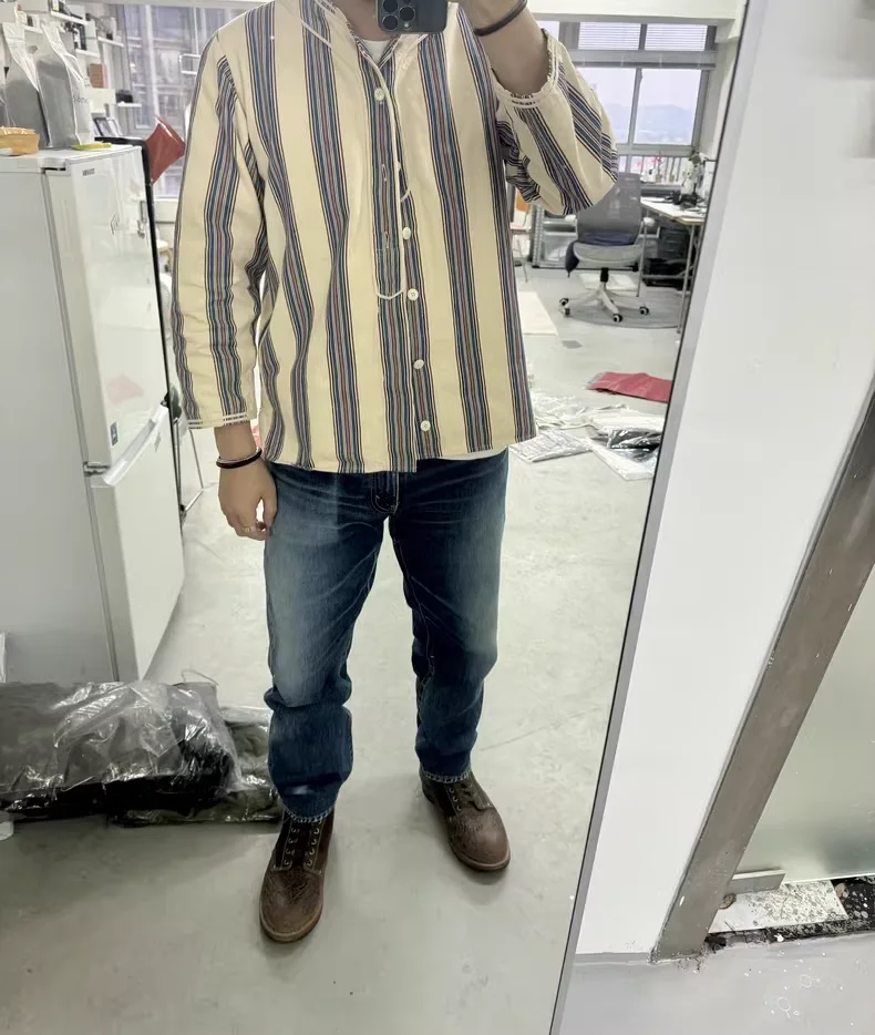 

men's VISVIM DUGOUT SHIRT (N.D. STRIPE) Striped collarless shirt