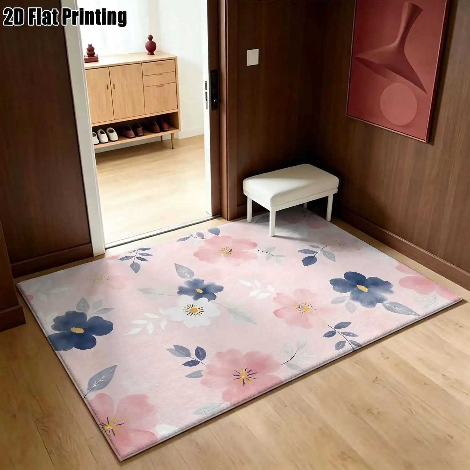 1Pc 2D Printed Pink Flower Nordic/Instagram Style Carpet, Modern Minimalist European Geometric Striped Floor Mat, Home Decor, Multi-Size, Machine Washable, for Entrance, Dining Room, Foyer, Bedroom, Living Room