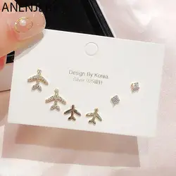 ANENJERY Fashion Airplane Stud Earrings Set Fashion Shiny Micro Inlaid Cubic Zircon Geometric Earrings 6-piece Set S-E1149