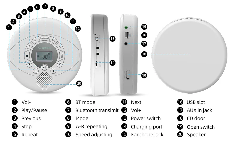

Portable CD Player Bluetooth Walkman Built in Speakers Rechargeable CD CD Player with USB/AUX/Headphone Port