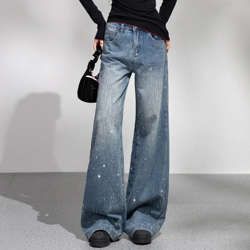 Hot Girl Starry Sparkling Rhinestone Straight Leg Denim Jeans Trendy Unique Design Glitter Petite Length Casual Pants for Women