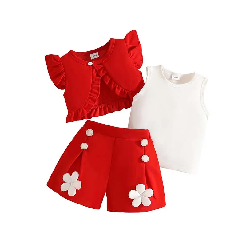 Toddler Girl Clothing 3-Piece Set 1–3 Years Summer Fashion Sleeveless Short Jacket+Vest Tops+Floral Shorts Baby Girl Outfits