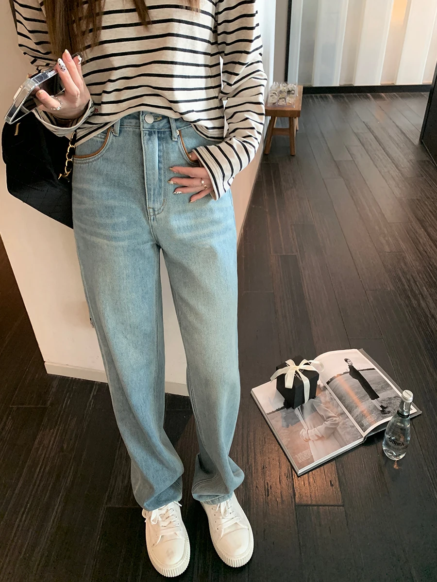 

Джинсы с высокой талией и прямыми штанинами, женские, утягивающие, струящиеся, широкие брюки, ретро, облегающие, с отворотами, длиной до щиколотки, синий деним