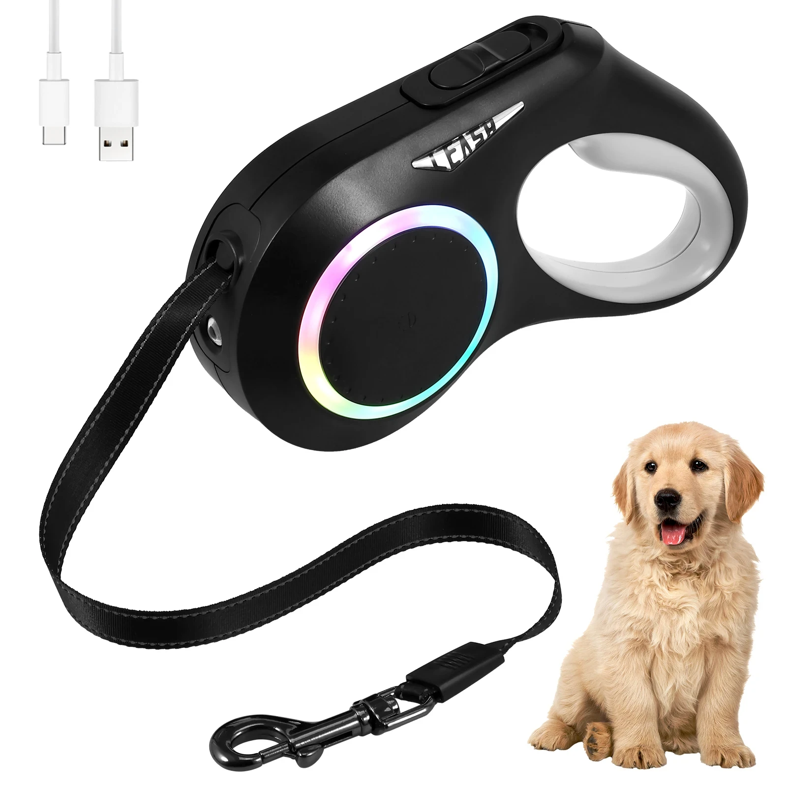 3/8m LED Flashlight Dog Leash Automatic Retractable Pet Luminous Straps Puppy Walking Night Outdoor Walking Non-Slip Handle