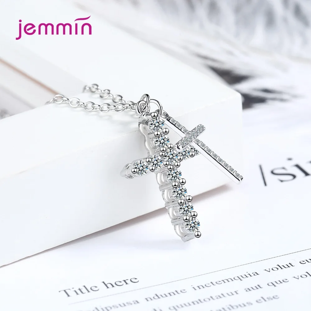Clear AAAA+ Zirconia Double Cross Pendant Necklace 925 Sterling Silver Choker Statement Necklace Women Silver 925 Jewelry Gift