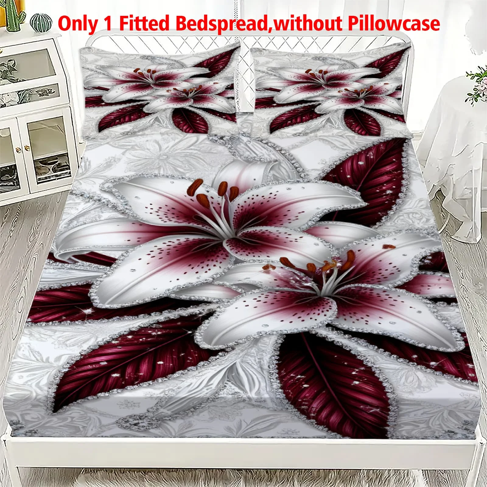 1pc Luxury Burgundy Lily Silver Laceprint Fitted Sheet Deep Pocket Elastic Mattress Cover Single Double Queen King Bedroom Decor