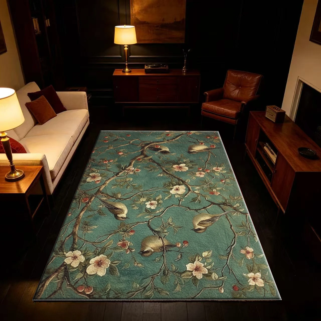 Vintage Oil Painting Bird Flower Berry Fruit Carpet Non-Slip Retro Art Carpet Suitable for Living Room Bedroom Home Decoration