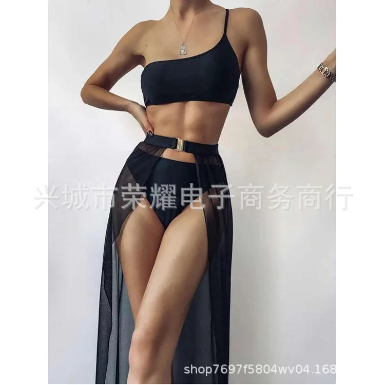 3PCS See Through Mesh Bikini Cover Up Set Women Bathing Outfits Adults Solid Color One Shoulder Bikini Top new