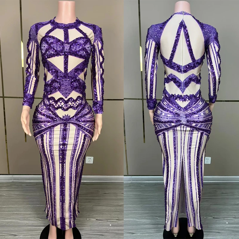 

Nightclub Bar Gogo Dancer Performance Costume Shiny Long Dress Model Runway Suit Woman Festival Party Outfits Stage Wear VDL163