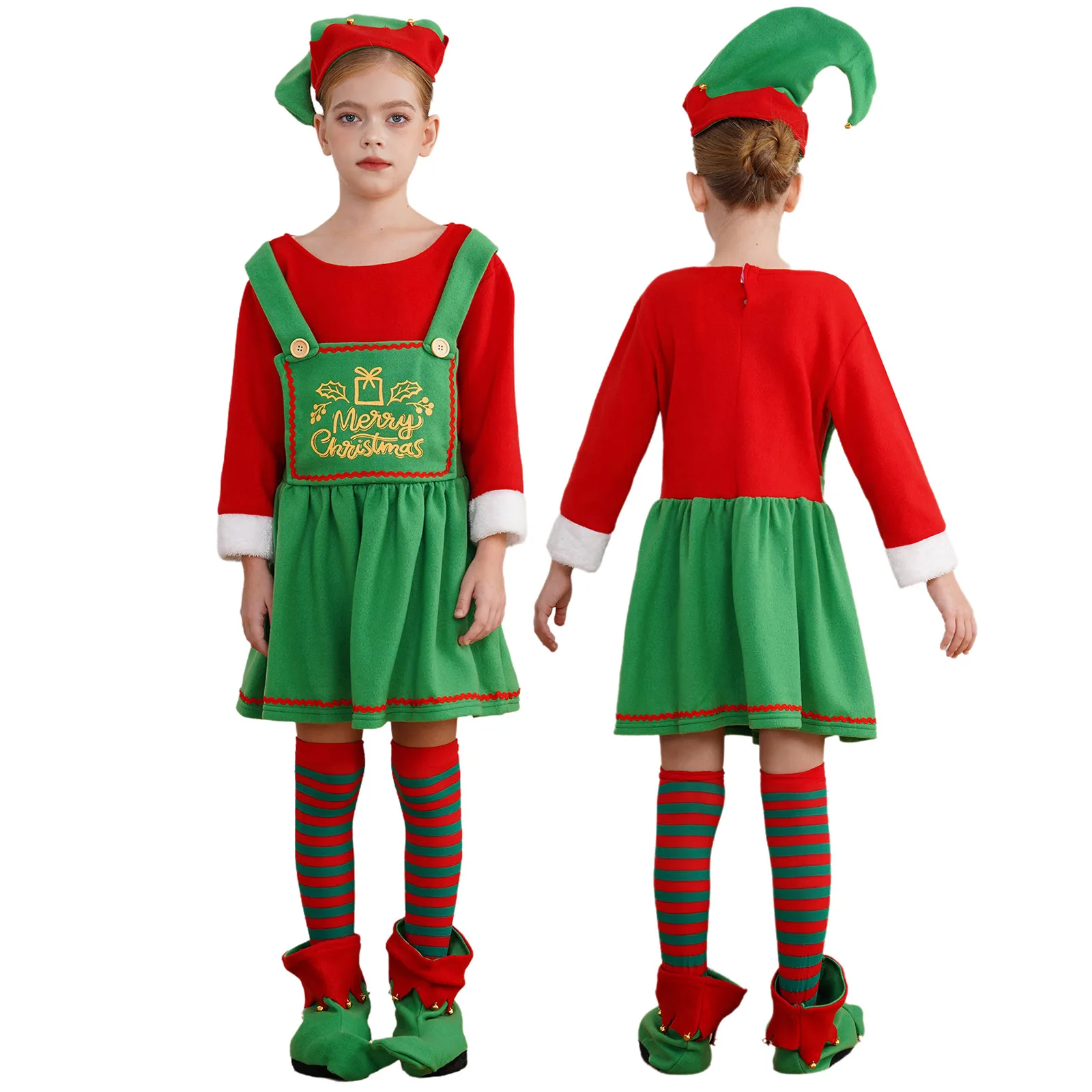 Girls Christmas Santa Claus Costume Elf Cosplay Dress with Hat Shoes And Striped Stockings Set for Family Carnival Party Outfits