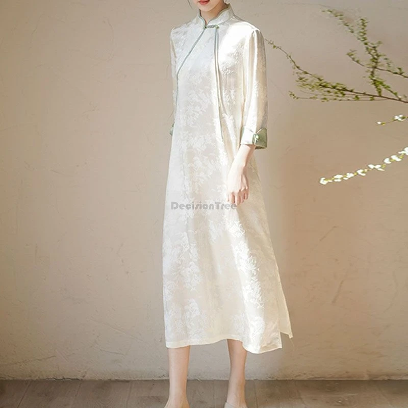 

Лето 2021, новое улучшенное длинное чайное платье в китайском стиле в стиле ретро с воротником-стойкой и половиной рукава, женское элегантное свободное платье Cheongsam