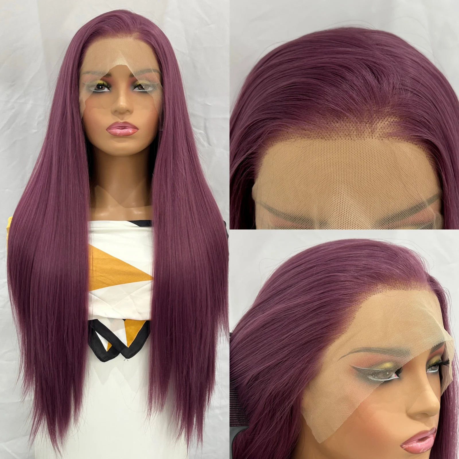 الأرجواني الداكن طويل حريري مستقيم الاصطناعية 13X4 الدانتيل الجبهة الباروكات للنساء جزء مجاني غلويليس ياكي غريب الملونة حفلة تأثيري استخدام