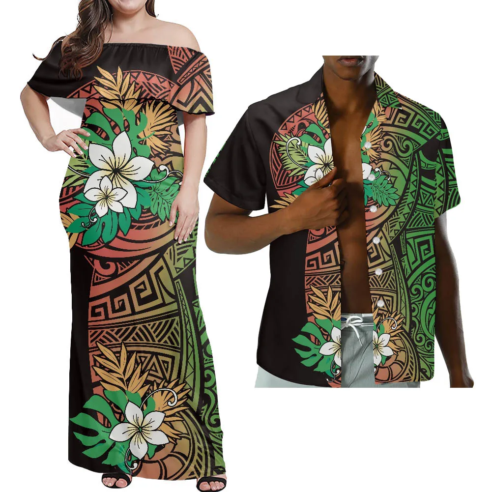 

Hycool Hibiscus Print Couples Matching Clothing Polynesian Off-Shoulder Bodycon Maxi Dresses Elegant Wedding Party Dresses Women