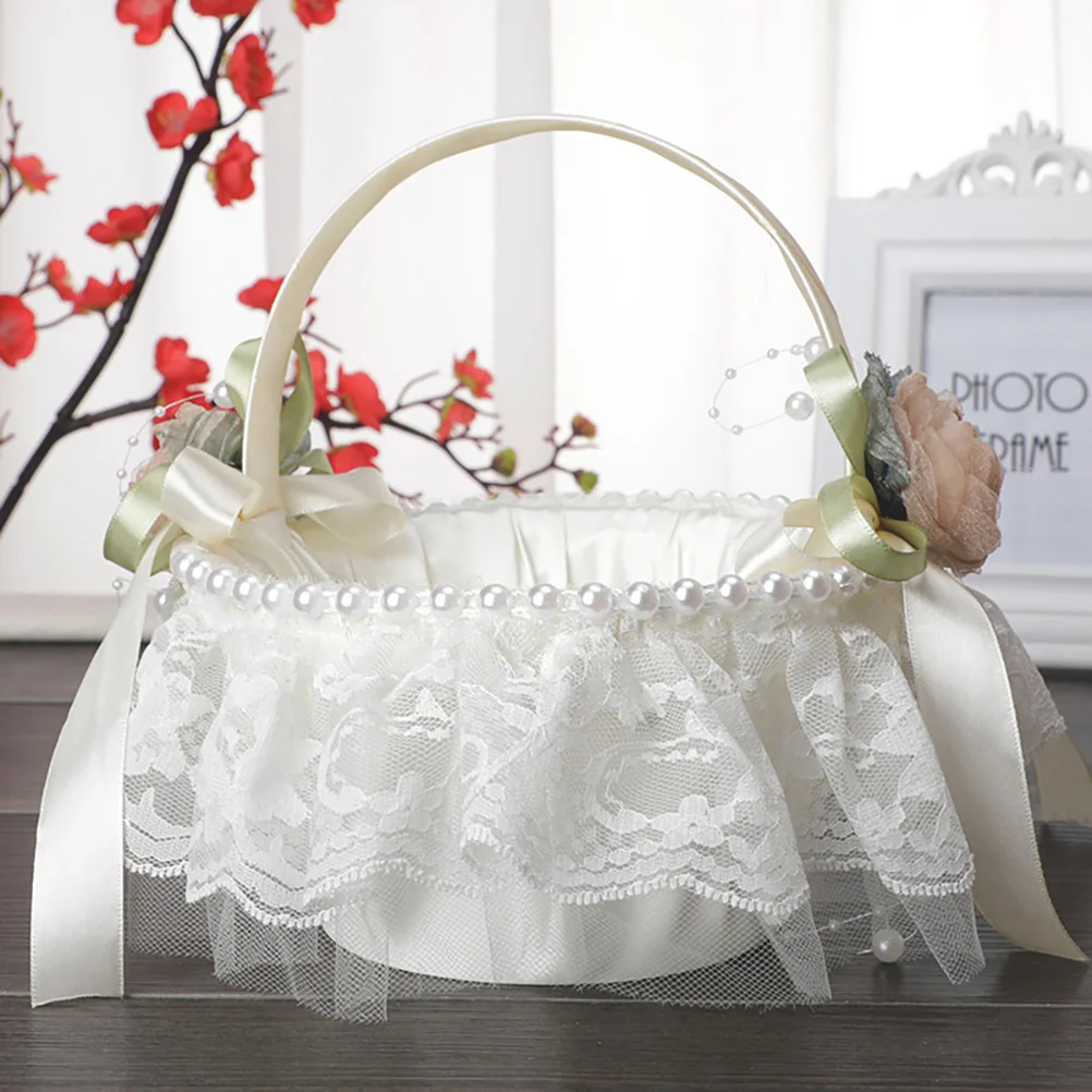 

Flower Girl Pearl Woven Storage Baskets Girls Flowers Flower Girl Basket Decoration Wedding Rhinestones Lace Durability