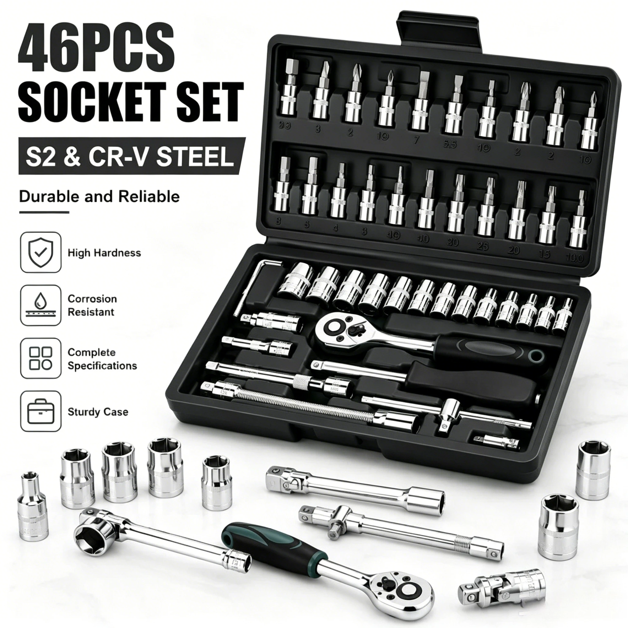 

Combination tools, hardware tools, auto repair tools set, ratchet wrench set, socket wrench tools, 46-piece set, hex socket head