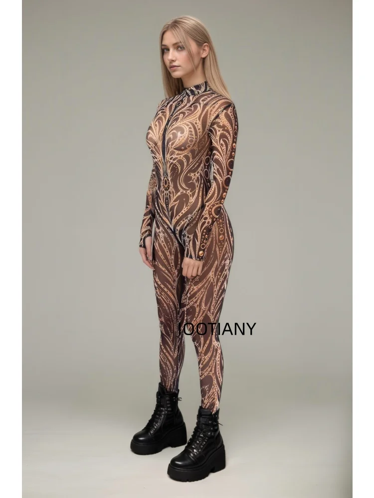 Luxuriöser Goldener Spiralblumen-Galaxie-Print Mesh-Bodysuit für Damen Sexy Cosplay Catsuit Rave Club Nachtclub Festival Mode-Jumpsuit – Detail 5