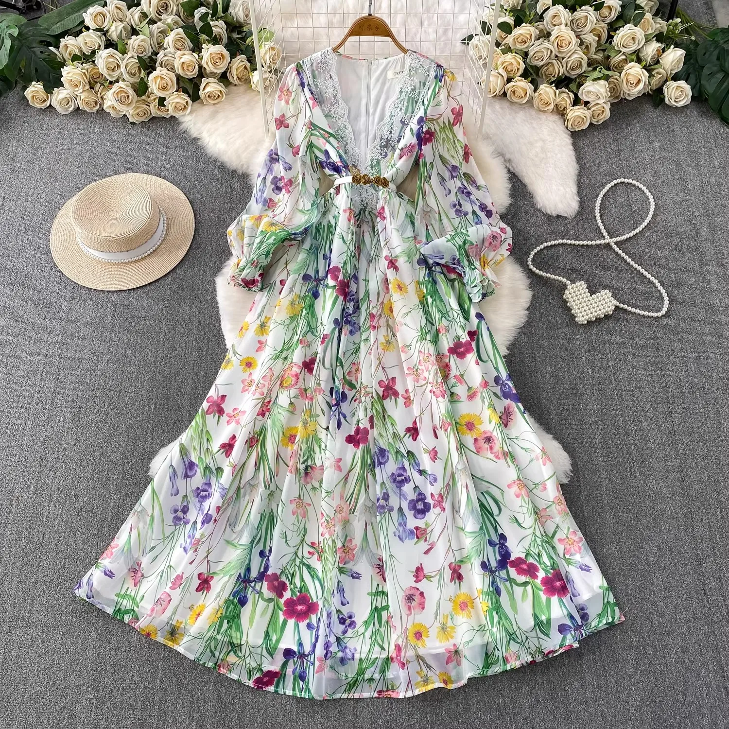 

Women's Casual Dresses Holiday Gorgeous Flower Sweet Long Robe Lady V-Neck Floral Print Belt Beach Dress Vestidos Mujer