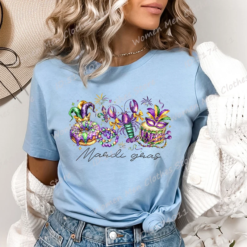 

Cool Mardi Gras Print T-shirts For Women Summer Fashion Casual Short Sleeve Tee Shirt Round Neck Tops Ladies Hot Selling T-Shirt