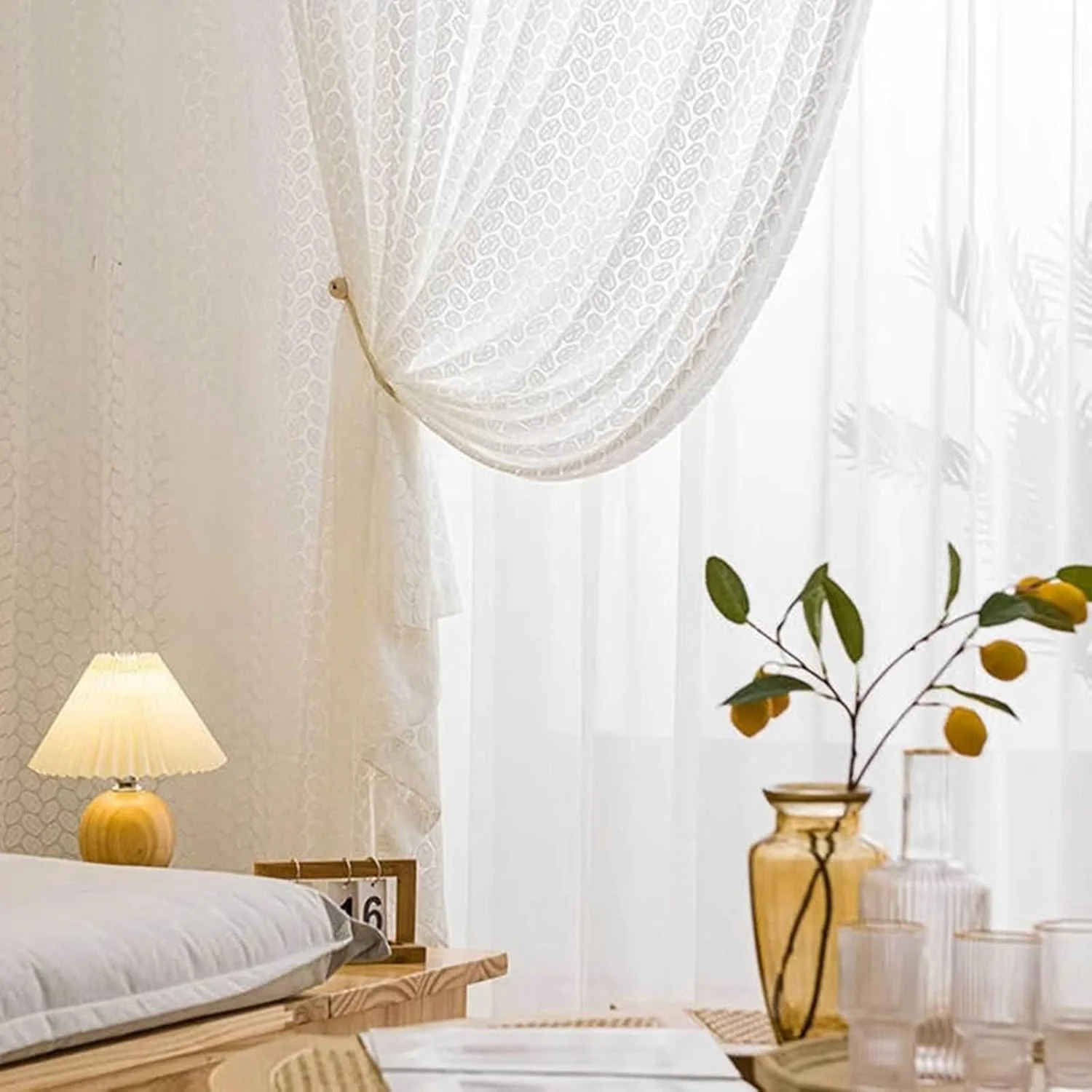 2PCS white leaf lace curtain, suitable for living room and bedroom, made of high-quality polyester fiber lace fabric, pole style - view 5