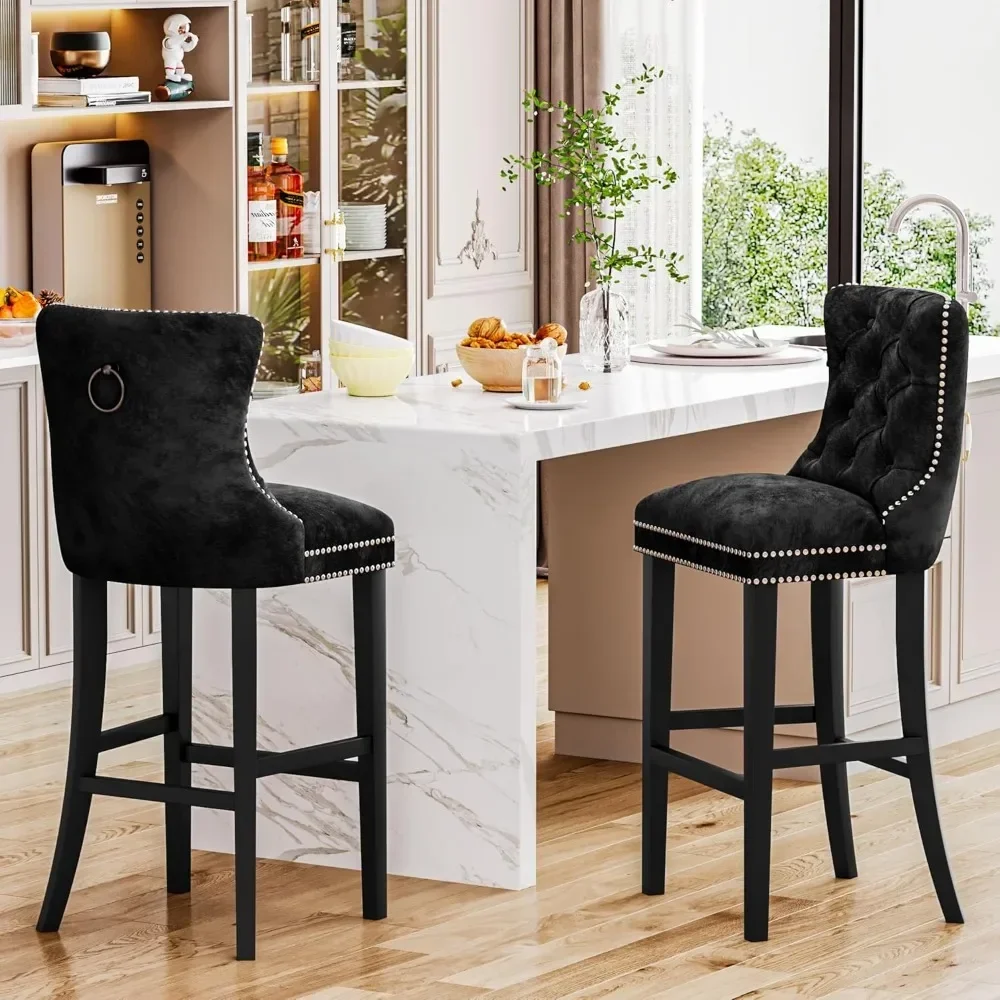 27''H Counter Height Bar Stools Set of 4, Velvet Tufted High Bar Stools with Back and Footrest, Upholstered Bar Tall Chairs