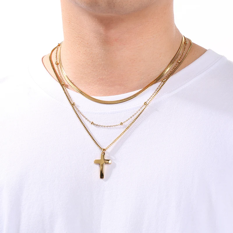 Gold Color Layered Bar Pendant Necklaces Men‘s Multi-Chain Beaded Sleek Religious Cross Pendant Jewelry Stylish Metal Accessory