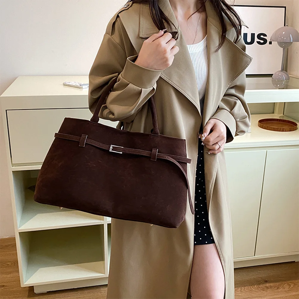 Trendy Autumn Brown Tote Bag Women's Retro Suede Large Capacity Shoulder Bag Belt Buckle Design Ladies Underarm Bag Commuter Bag