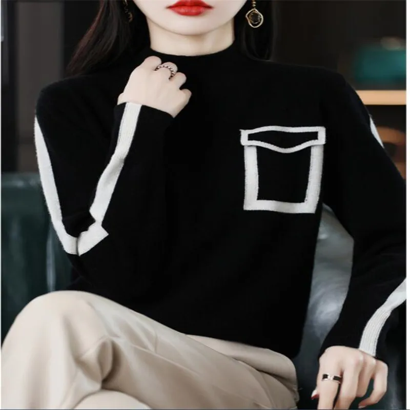 

Merino Wool Sweater Women's Clothing 2024 Spring and Autumn Senior Sense Half Turtleneck Knitted Pullover Women Color Match Top