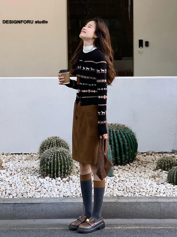 

Retro Doggies Knitted Long Sve ort Cardigan Women's Autumn Winter Korean Sle Lazy Slim Fit Sweater Jaet