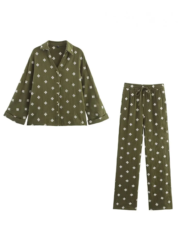 

HH Women Fashion Embroidery Single-breasted Lapel Shirts+Summer Drawstring Elastic Waist Slim Pants Printed 2-Piece Set