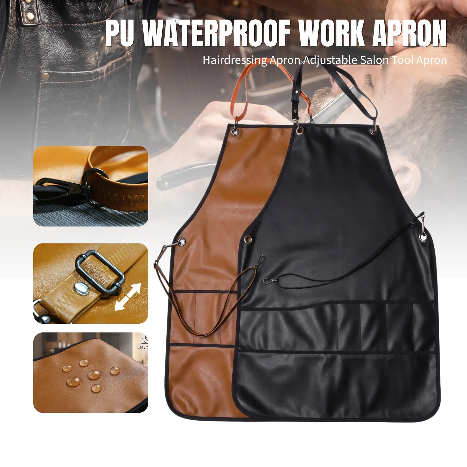 1pc Adjustable PU Leather Work Apron Professional Waterproof Barber Stylist Aprons For Hairdresser Men Women With Pocket Tablier
